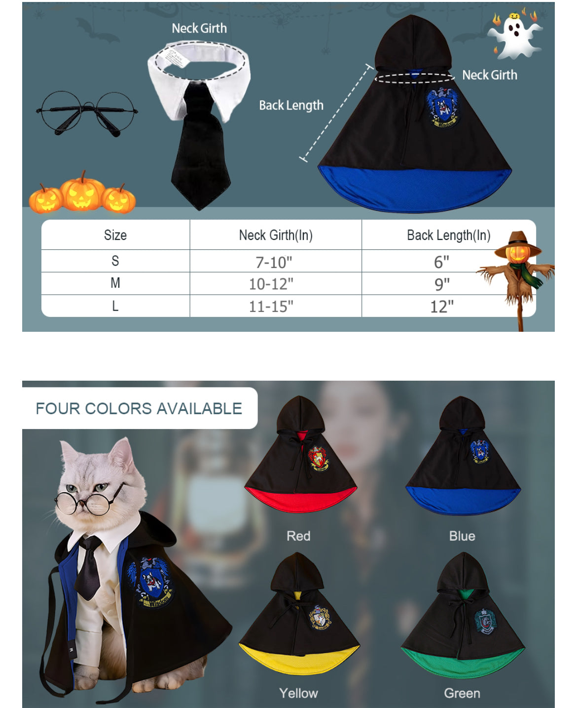 Harry Potter Theme Halloween Costume - Pet Wizard Costumes Mantle Magician Cosplay Clothes with Bowtie & Glasses Set, Festival Party Apparel for Small Pets Cats Dogs - (Small to  Large size)