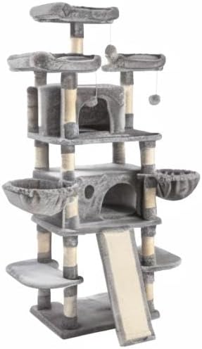 SHA CERLIN 68 Inches Multi-Level Large Cat Tree for Large Kitties/Big Cat Tower with Condo/Cozy Plush Pussycat Perches/Sisal Scratching Posts and Hammocks/Activity Center/Grey