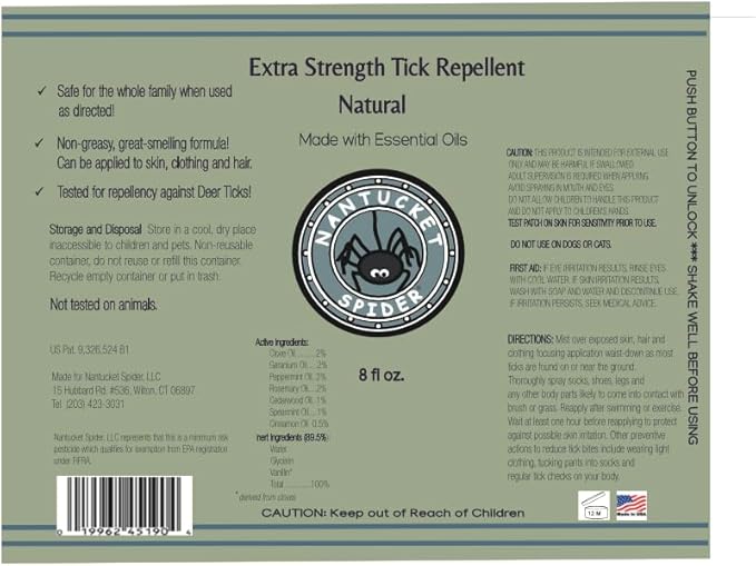 Nantucket Spider Extra Strength Tick Repellent Spray - 8 fl oz | Deet Free, Natural Tick Repellent for People | Made in The USA with 100% Organic Essential Oils