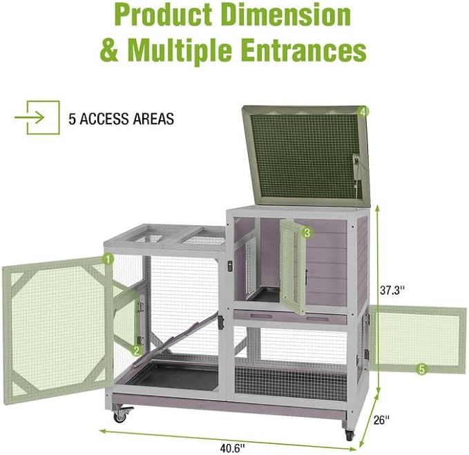 Wooden Rabbit Hutch with Two Story, Bunny Cage with Leak-Proof Trays, and Chew-Proof Ramp, Guinea Pig Cage with Wheels, Suitable for Indoor/Outdoor Use (Grey)