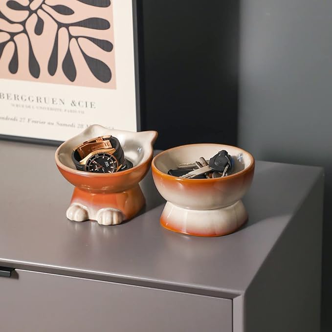 Nihow Elevated Cat/Dog Bowls Set : 5 Inch Ceramic Raised Cat Food & Water Bowl Set for Protecting Pet's Spine - Feeding & Watering Supplies for Pets - Elegant Brown (2 PC)