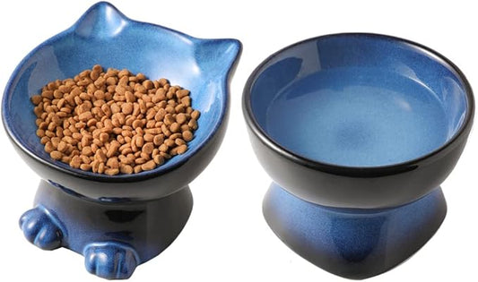 Nihow Elevated Cat/Dog Bowls Set : 6.2 Inch Ceramic Raised Cat Food & Water Bowl Set for Protecting Pet's Spine - Feeding & Watering Supplies for Cat/Small Size Dog - Elegant Blue & Black (2 PC)
