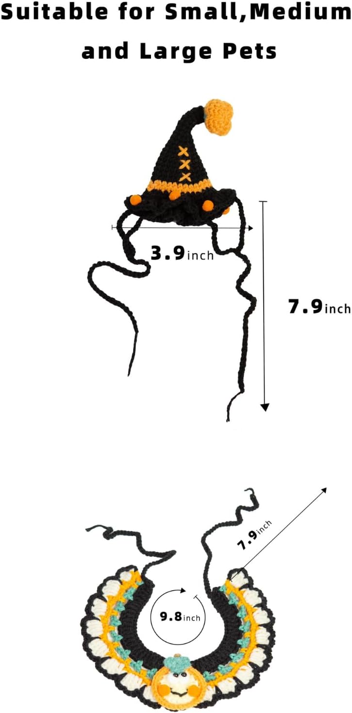 Halloween Dog Costume – Handmade Black Witch Hat & Cute Pumpkin Bandana, Adjustable Cat Outfit for Rabbits,Cats & Small Dogs, Lightweight & Breathable, Festive Pet Accessories (Small to Large Pets)