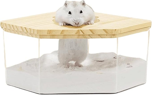 Hamster Sand Bath Box Container, Small Pet Sandbox Lid Design Wooden Sandbox Dust Bath, Transparent Bathroom & Digging Box Acrylic Syrian Hamster Litter Box Small Animal Accessories (D Large)