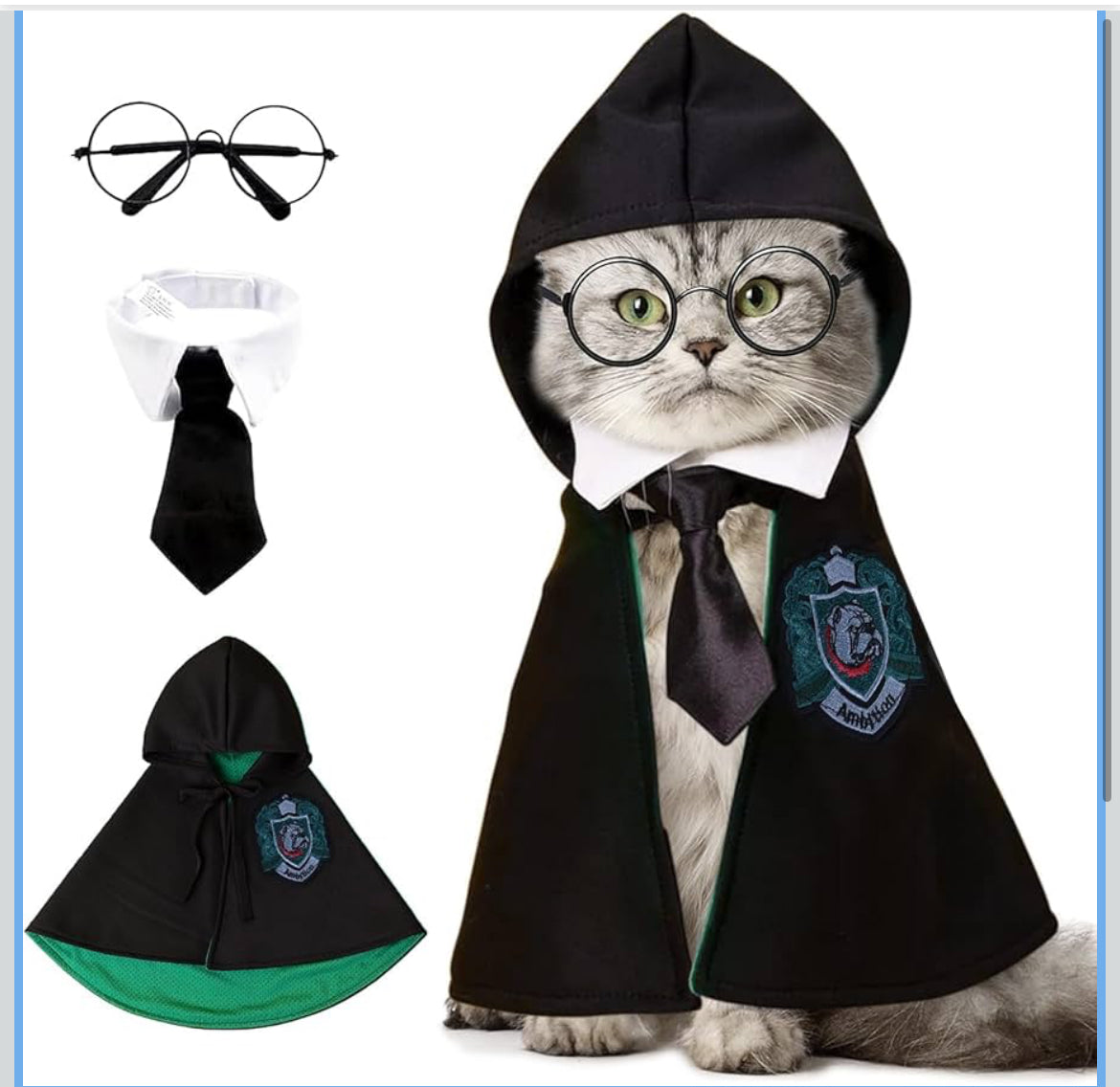 Harry Potter Theme Halloween Costume - Pet Wizard Costumes Mantle Magician Cosplay Clothes with Bowtie & Glasses Set, Festival Party Apparel for Small Pets Cats Dogs - (Small to  Large size)