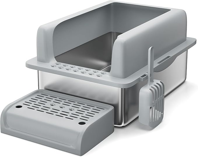 Stainless Steel Cat Litter Box 6 inch, XXL Large Cat Litter Tray with High Side, Platform Step and Scoop for Big Cats Multiple Cats, Easy Clean