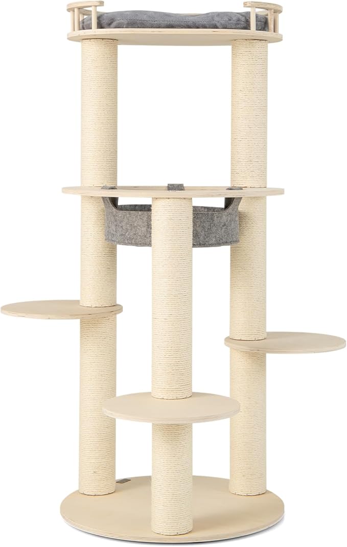 Tangkula Wood Cat Tree, 59 Inch Multi-Level Cat Tower with Top Padded Perch, Hammock, 3 Platforms & Sisal Scratching Posts, Large Modern Cat Tree Tower for Indoor Cats Kittens (59 Inch)