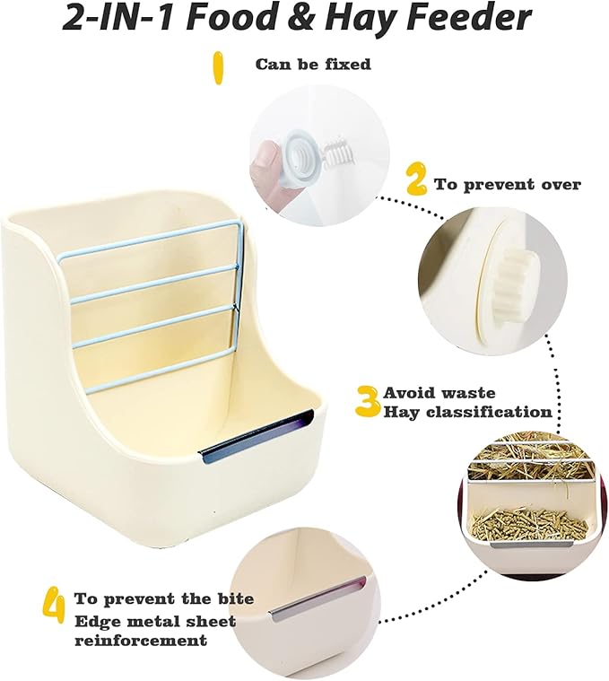 HERCOCCI Rabbit Hay Food Bin Feeder and Bunny Water Bottle Set, Hay Food Feeder Bowls Manger Rack with 500ml Hanging Water Dispenser Prevent Knock Over for Rabbit Guinea Pig Chinchilla (Large, White)