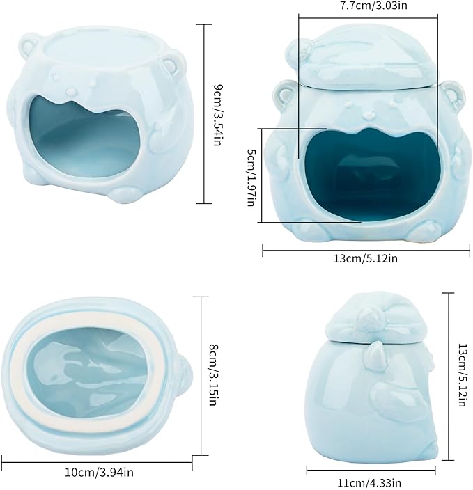 3-in-1 Bear Shaped Ceramic Hamster House - Cool House for Syrian Dwarf Hamsters, Mice, Gerbils, Small Pets, Top for Hamster Food, Removable Lid for Ice Packs, Cute Cool Hideout for Summer(Blue)