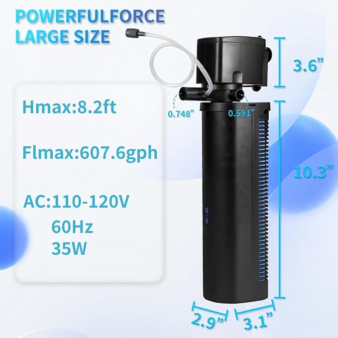 Aquarium U-V Filter Dual Spout 600GPH for Large 100-300 Gallon Fish Tank Silent Canister Internal Filter Cold Plunge Tub Koi Pond Filter, Green Clean Machine Deodorization for Saltwater Freshwater