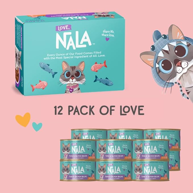 LOVE, NALA - Natural Adult Cat Wet Food - FLAKED Tuna and Salmon in Broth- Grain Free, Non-GMO, Lean Protein, Omega 3, Added Minerals & Vitamins - 12 Pack 2.4 lbs.