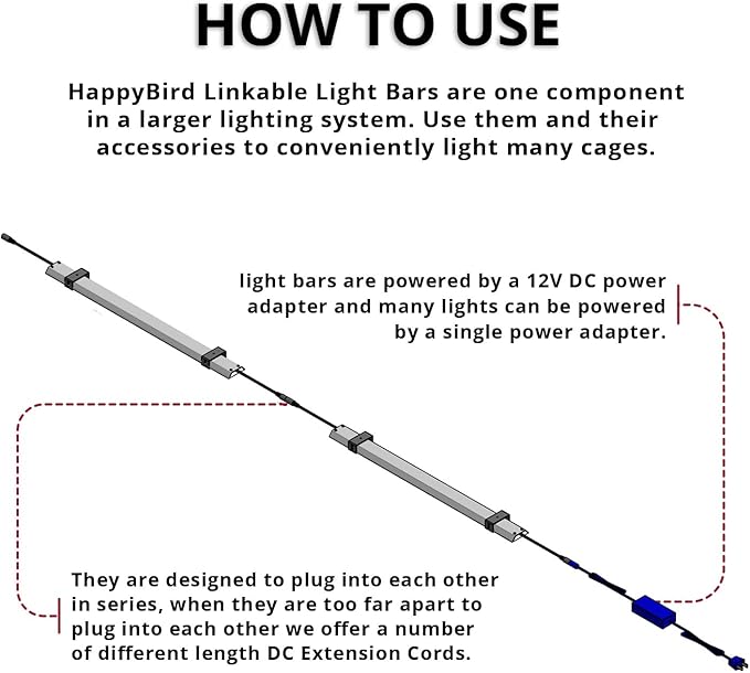 HappyBird Lightning (A Divison of M&M Cage) 24" LED linkable Light bar Without Power Source for Multiple Bird Breeder Cages, Full Spectrum LED. Will NOT Run ON ITS OWN (Single)