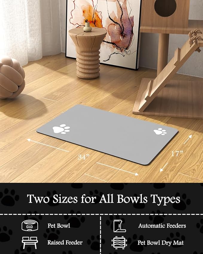 Pet Feeding Mat-Absorbent Dog Mat for Food and Water Bowl-No Stains Quick Dry Dog Water Dispenser Mat(LIGHTGREY,17"x34"