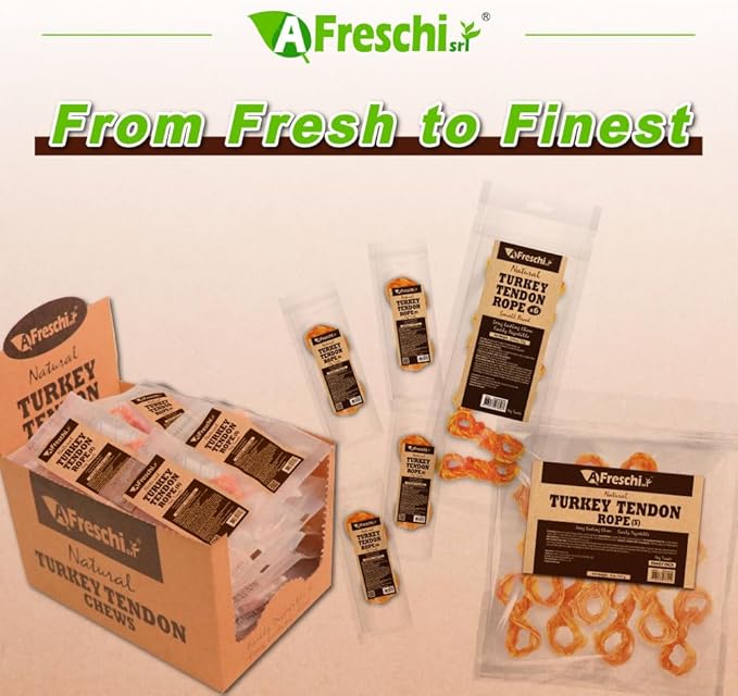 Afreschi Natural Turkey Tendon Rope (S) 8 oz, USA-Sourced Turkey Tendon, All Natural Puppy Chew, Hypoallergenic, Rawhide Alternative, for Small Breeds