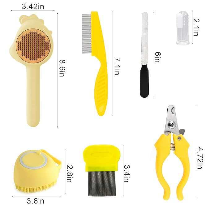 VCZONE 8 Pcs Cat Brush Grooming Kits, Pet Self Cleaning Kit with Pet Nail Clipper and File, Flea Comb, Pet Shampoo Bath Brush, Pet Shedding Brush, Silicone Toothbrush (Yellow)