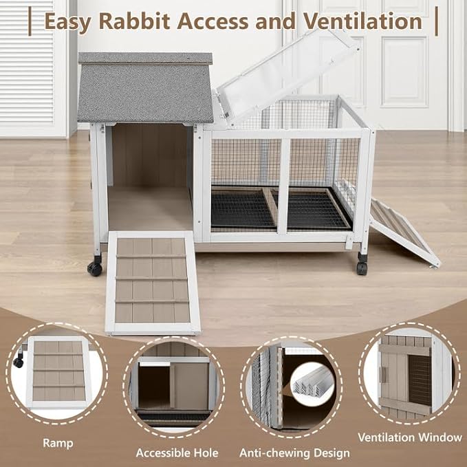 38''L Rabbit Hutch Outdoor Indoor with Wheels, Wooden Expandable 2 Story Bunny House Rabbit Cage with Run, Waterproof Roof, Pull Out Tray, Guinea Pig Cage Chicken Coop for Small to Medium Pets