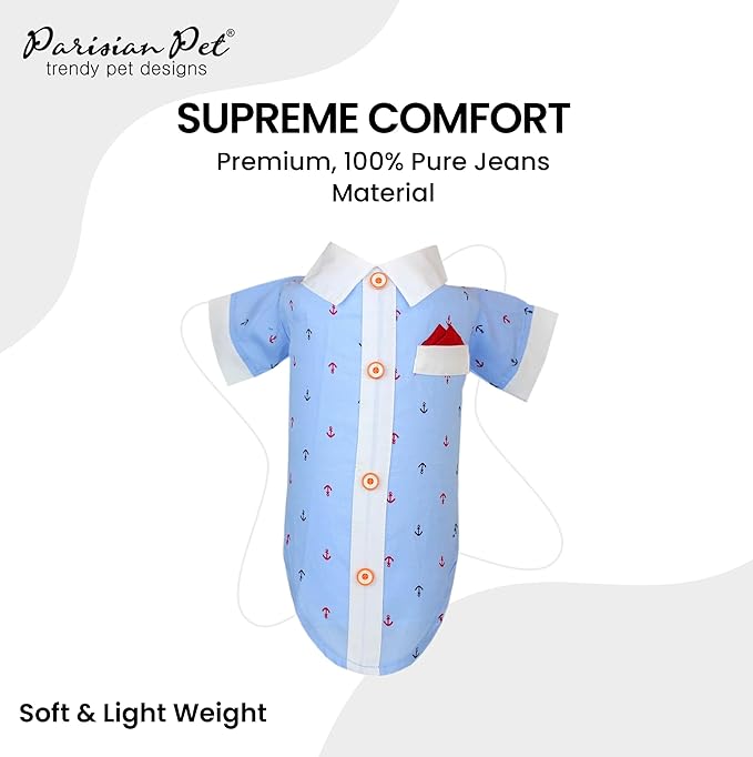 Parisian Pet Nautical Dog Shirt - 100% Cotton Anchor Clothes - Bleach and White - Sleeved - Medium