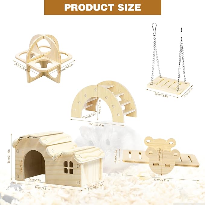 Hamster Toys 5-Piece Set,Hamster House, Swing, Climbing Ladder, Seesaw & Exercise Wheel,Pet DIY Sport Exercise Toys Set, Small Animal Habitat Accessories,Gerbils, Mice(Natural Wood A)