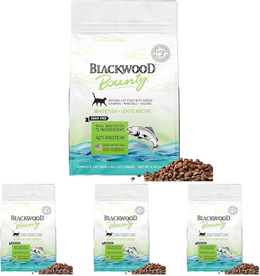 Blackwood Bounty Dry Cat Food, Whitefish & Lentil Recipe for All Life Stages, 2 Pound Bag, High Protein, Grain Free (Pack of 4)