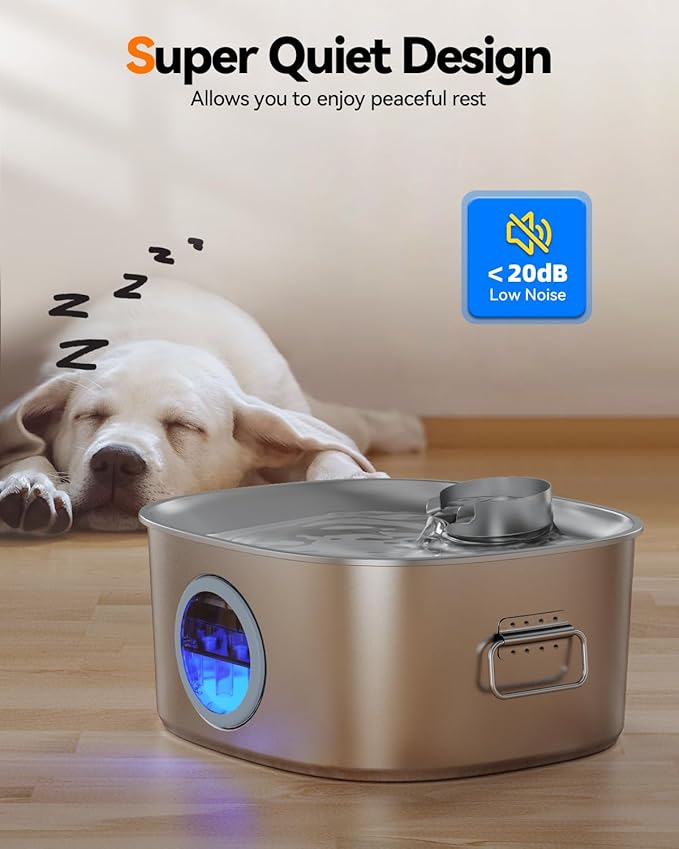 Dog Water Fountain Stainless Steel, 11L/2.8Gal Large Pet Water Fountain for Large Dogs Inside, Dog Fountain Water Bowl Automatic Dispenser with Visible Window & LED, Ultra Quiet for Dogs and Multi-Pet