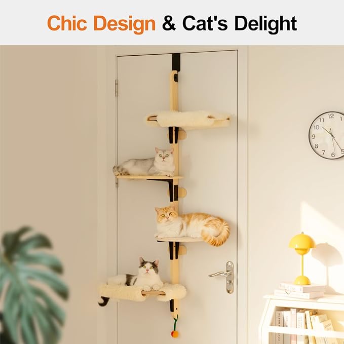 MEWOOFUN Cat Climbing Shelves Tree, 4-Levels Over Door Cat Climber for Jumping, Stable Cat Stairs Hammock for Kittens & Adult Cats (Wooden-65 H x 26.8” L x 13.8” W)