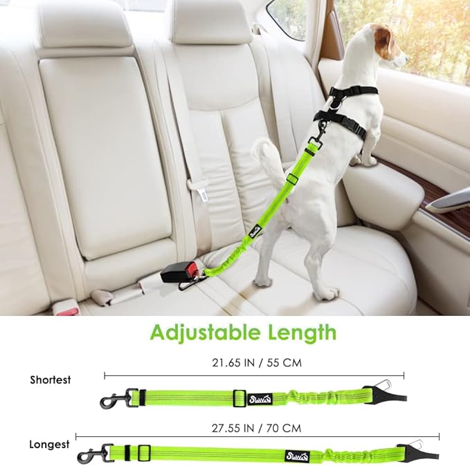 SlowTon Dog Seat Belt, Adjustable Dog Safety Belt Leash, 2 in 1 Latch Bar Attachment Dog Car Seatbelt with Elastic Nylon Bungee Buffer, Reflective Nylon Belt Tether (Lime)