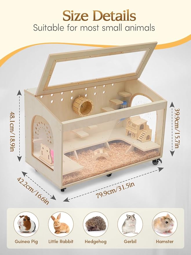 Hamster Cage Large 32 inch Guinea Pig Cages Hamster Cages Enclosure and Habitats Mice Rat Cage with Platform Openable Top Acrylic Sheets Wooden Chewproof Small Animal Cage for Hedgehog Mouse Gerbil