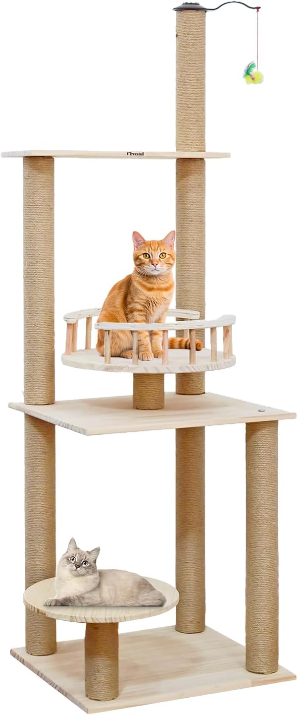 Wood Cat Tree 17” x 16”x 53” Modern Sturdy Cat Tower with Double Condos Hand-Woven Beds & Toys Multilevel Huge Paws Pals Tree Indoor Cat Furniture for Big Cats