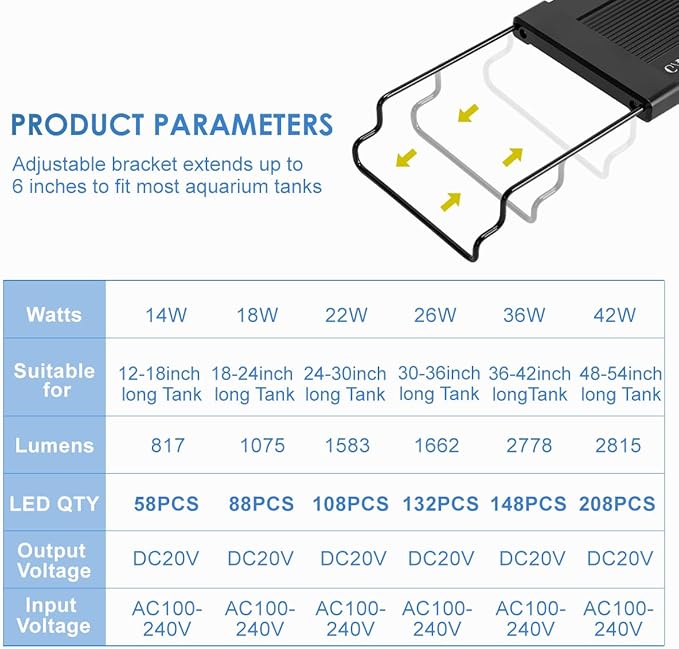 Aquarium Light,36W 24/7 Natural Mode,9 Light Modes(Water Grass Mode & 7 Colors & Cycle),Adjustable Timer and 7 Color Brightness - with Expandable Mounting Bracket for 36~42IN Fish Tank