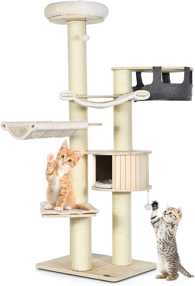 Tangkula Large Cat Tree, Multi-Level Tall Cat Tower with Sisal Scratching Posts, Hammocks, Hanging Basket, Cat Condo and Removable Washable Cushions, Modern Wood Cat Tree for Indoor Cats Large Adult