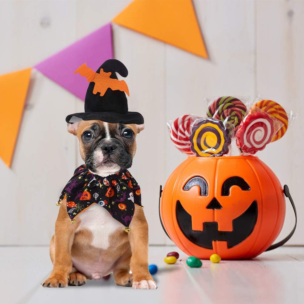 Dog Halloween Costumes - Halloween Style Dog Collar with Bells and Wizard's Hat Set,Halloween Pumpkin Pattern Pet Costume for Dogs Wearing-Black (Small)