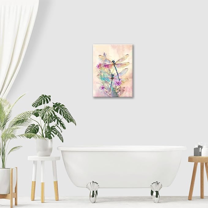 Dragonfly Bathroom Pictures Wall Art, Floral Bathroom Wall Decor, Framed Painting Canvas Artwork for Bedroom Living Room Decorations 20"L x 16"W