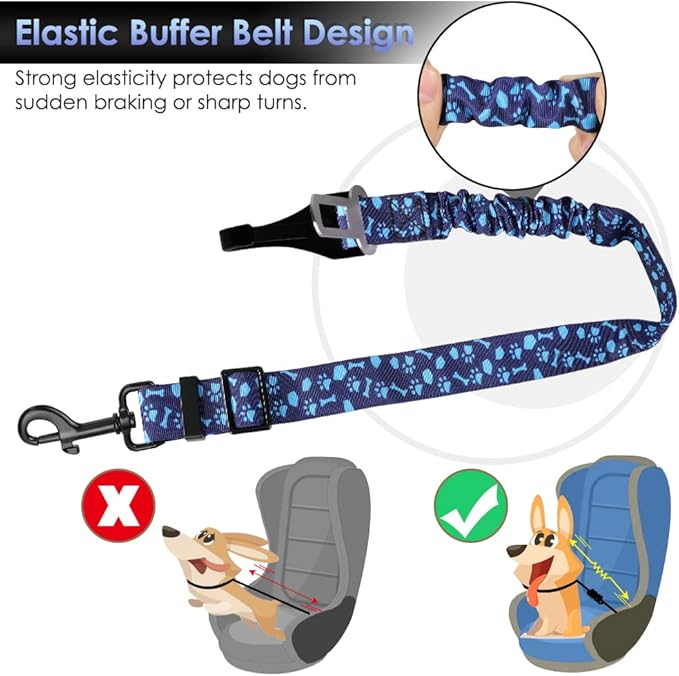 SlowTon Dog Seat Belt, Adjustable Dog Safety Belt Leash, 2 in 1 Latch Bar Attachment Dogs Car Seatbelt with Elastic Nylon Bungee Buffer, Reflective Nylon Belt Tether Connect (BL Dog Paw)