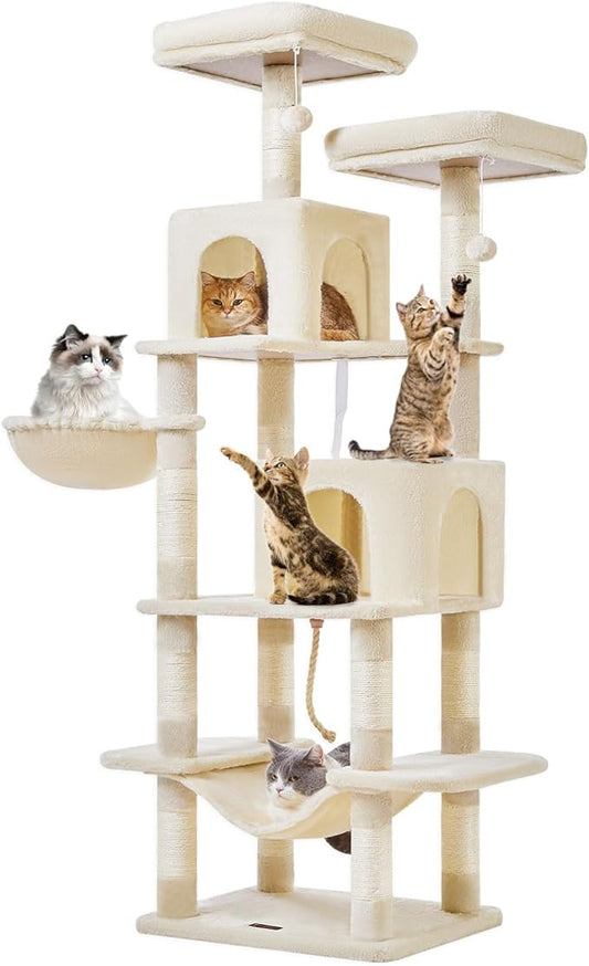 Taoqimiao Cat Tree, 71.7-Inch Cat Tower for Indoor Cats, Plush Multi-Level Cat Condo with 13 Scratching Posts, 2 Perches, 2 Caves, Hammock, 2 Pompoms,Beige MS013LM