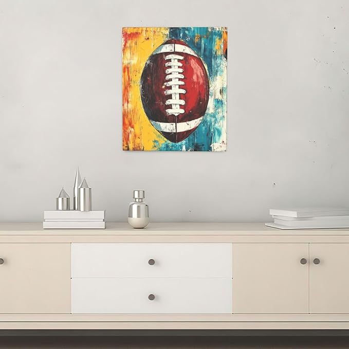 Graffiti Football Bathroom Pictures Wall Art, Rugby Sport Bathroom Wall Decor, Colorful Football Framed Painting Canvas Artwork for Bedroom Living Room Decorations 24"L x 20"W