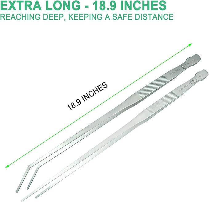 2pcs 18.9 inch Aquarium Tweezers with Hanger, 2025 New Extra Long Feeding Tongs, Stainless Steel Large Aquascape Tools for Fish Tank, Terrarium,Aquascaping, Reptile Snake (Curved & Straight)
