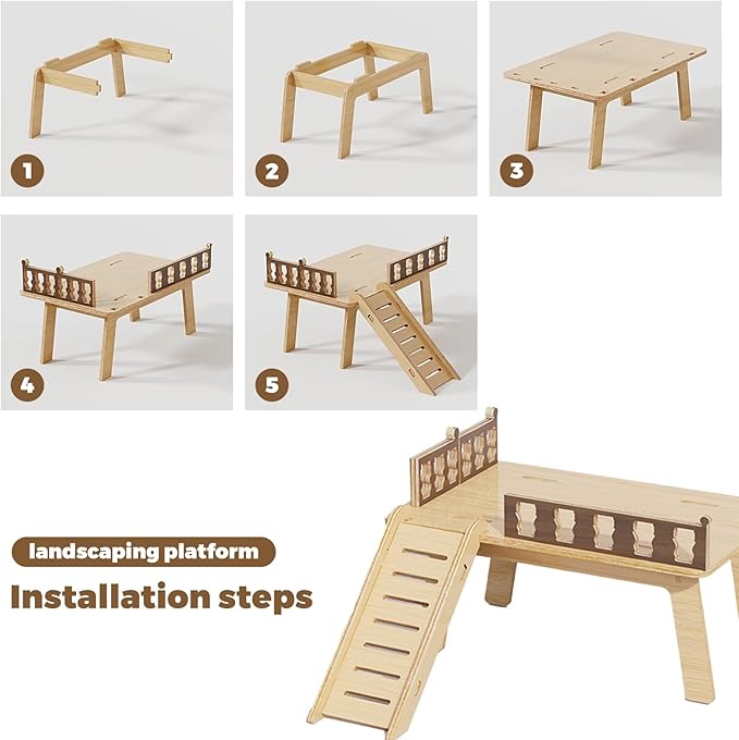 Wooden Hamster Platform and Dwarf Hamster House,Cute Syrian Hamster Tiny House Hideout,Large Balcony Lookout Holes,for Dwarf Gerbils and Mouse Mice Rat Other Small Animals(E)