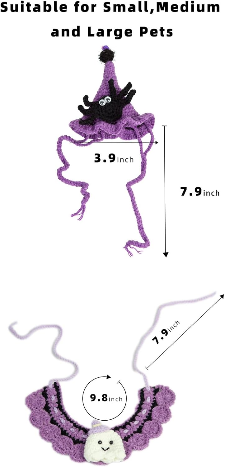 Halloween Cat Costume & Dog Outfit – Handmade Purple Witch Hat & Cute Ghost Cat Clothes, Adjustable Pet Outfit for Rabbits,Cats &Small Dogs, Lightweight & Breathable, Festive Pet Accessories (Small to Large Pet)