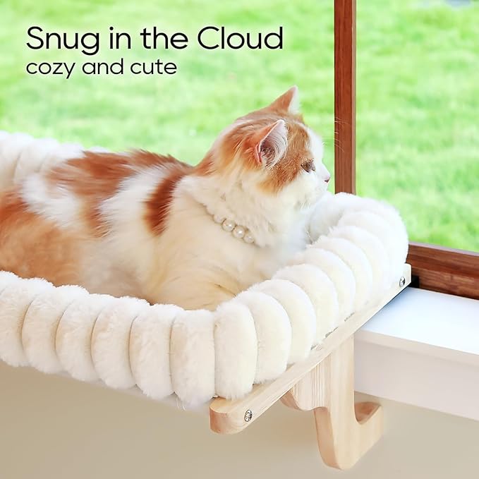 SnugCloud Cat Window Perch with 4-Sided Bolster - Orthopedic Cat Hammock for Window Sill - Solid Hardwood & Metal Frame - Window Seat for Pets (Natural Color Wood w/White Bed, Medium)