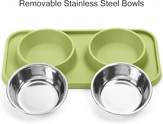 Cat Food Bowls, Cat Bowls Non-Skid and Non-Spill Silicone Pads with PP Stand, Removable Stainless Steel Food and Water Dishes for Cats, Small Size Dogs