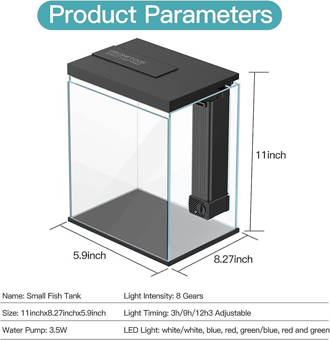 Betta Fish Tank, 2 Gallon Glass Aquarium Starter Kit, Small Fish Tank with Filter and Light.(Black)