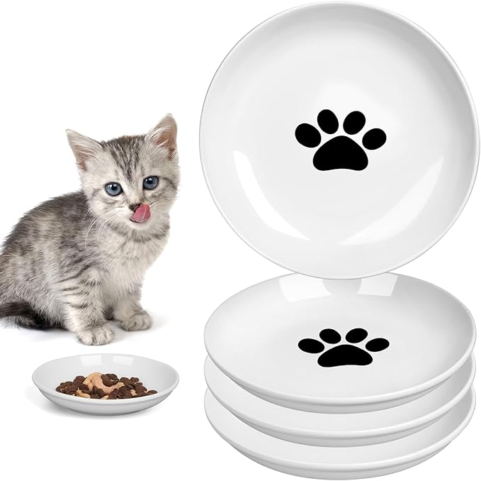 TRUVIC 4 Pack Ceramic Cat Food Bowls, 5.9 Inch Ceramic Cat Dishes Set for Indoor Cats and Small Dogs, Anti Whisker Fatigue Kitten Bowls, Wide Shallow Kitten Plates for Food and Water (Cat's Paw)