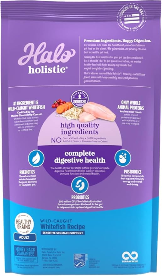 Halo Holistic Cat Food Wild Caught Salmon & Whitefish Formula, Healthy Grains Dry Cat Food, For Sensitive Stomach Support, Kibble for Adult Cats, 3 lb Bag