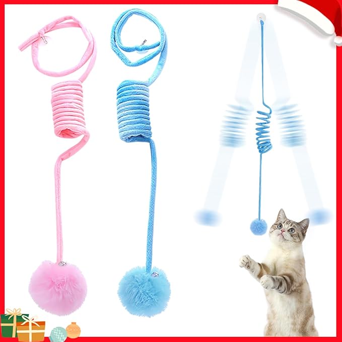 Hanging Plush Cat Toy Ball, Interactive Cat Toys for Indoor Cats with Bell, Cat Springs to Keep Them Busy/Reduce Boredom, 80 Inch-Upgraded (Blue+Pink)