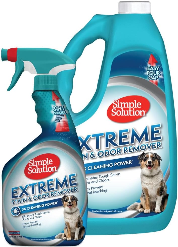 Simple Solution Extreme Pet Stain and Odor Eliminator Spray, Enzymatic Cleaner With 3X Pro-Bacteria Cleaning Power for Dogs & Cats, Strong Urine, Pee and Poop Smell Remover for Carpets & Floors, 32 oz