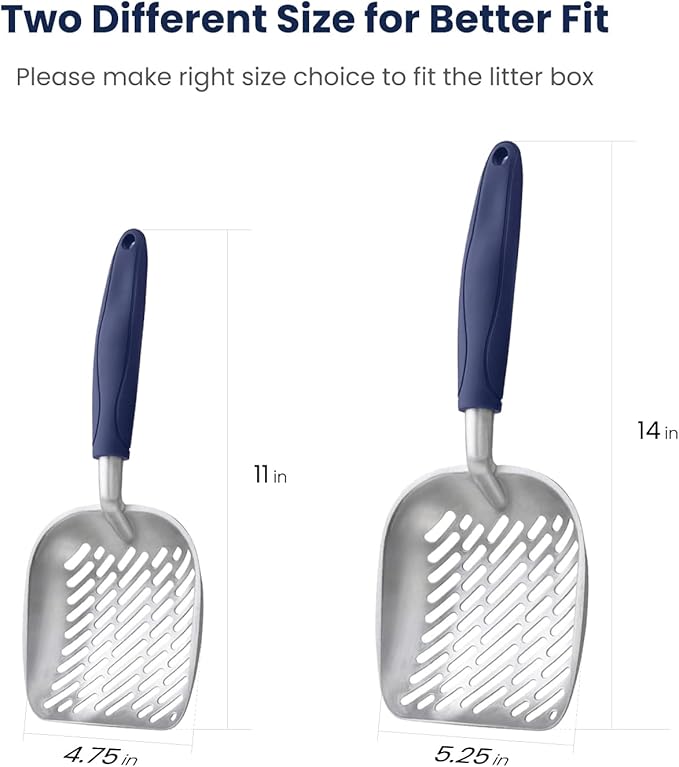 WePet Cat Litter Scoop, Aluminum Alloy Sifter, Kitty Metal Scooper, Deep Shovel with Diagonal Sifting Hole, Long Handle, Kitten Poop Lifter for Litter Box, Medium Size, Blue Handle