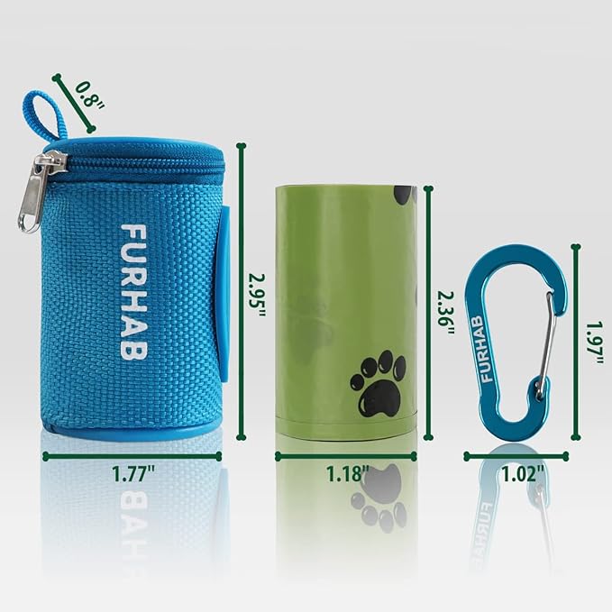 Dog Poop Bag Holder for Leash Doggie Waste Bag Dispenser Soft Fabric Puppy Potty Carrier Small Doggy Zipper Pouch with Carabiner Clip 1680D Nylon Oxford with 1 Roll of Pet Trash Bags, Sky Blue