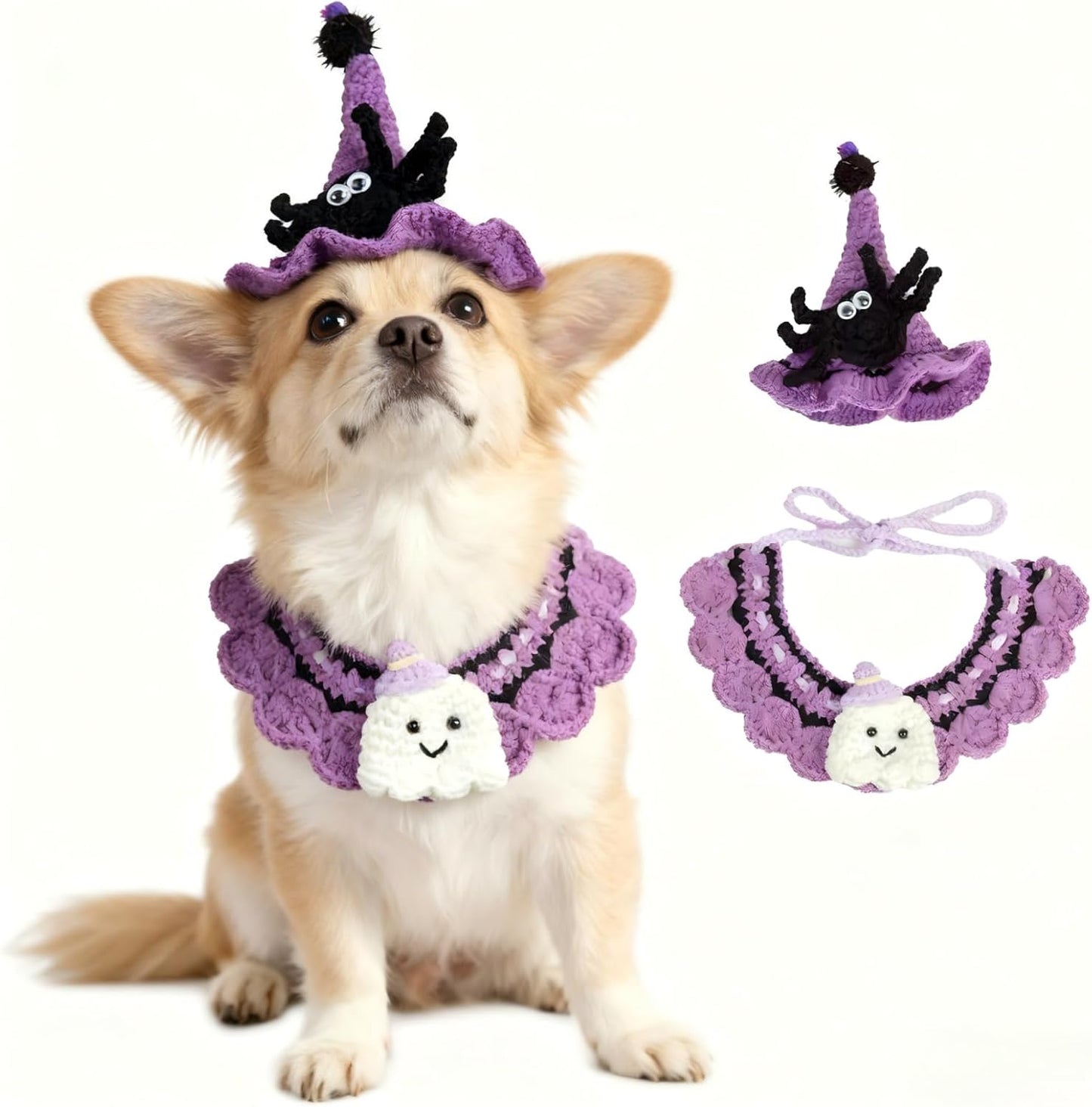 Halloween Cat Costume & Dog Outfit – Handmade Purple Witch Hat & Cute Ghost Cat Clothes, Adjustable Pet Outfit for Rabbits,Cats &Small Dogs, Lightweight & Breathable, Festive Pet Accessories (Small to Large Pet)