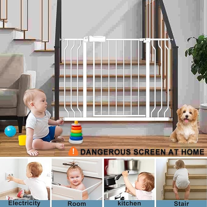 29-34 Inch Wide Baby Gate for Stairs Dog Gate Indoor Pressure Mounted No Drill Safety Child Gates for Kids or Pets Auto Close Pet Gates White