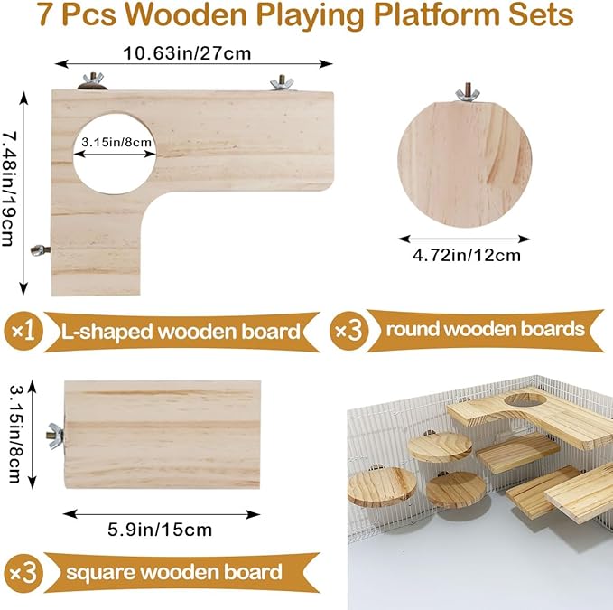 Wooden Chinchilla Cage Platforms Set 7 Pack Wood Shelves for Rat Cage Corner Ledges Small Animal Climbing Steps Standing Board for Juvenile Squirrel Gerbil Accessories